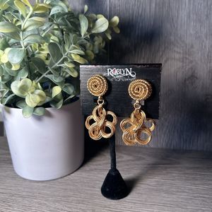 Flower Dangle Rarrings 2.5" Long Matte Gold Pierced Fashion Earring